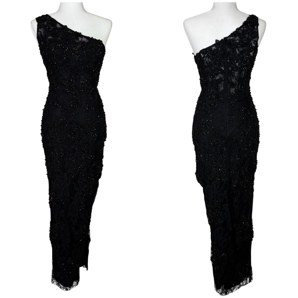 Mac Duggal NWT Illusion Corset Beaded Floral Black One Shoulder Dress Size 2 - Picture 2 of 10